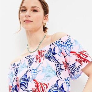 LOFT NWT XL Fish Off the Shoulder Top • Tropical Nautical Coastal Print
